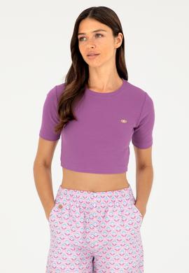 Kadın Mor Bisiklet Yaka Crop Tişört - 50281813047