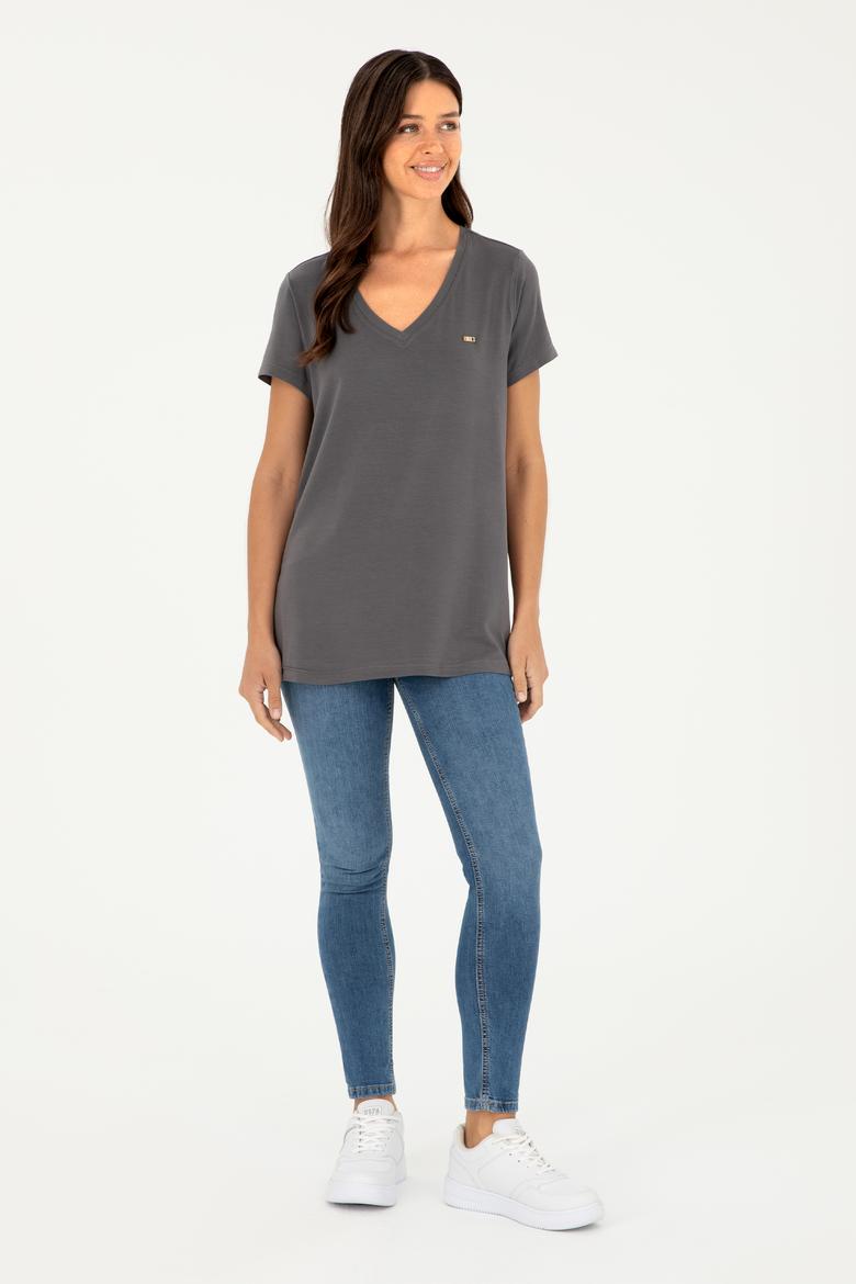 Kadın Antrasit Basic Tişört - 50286824038