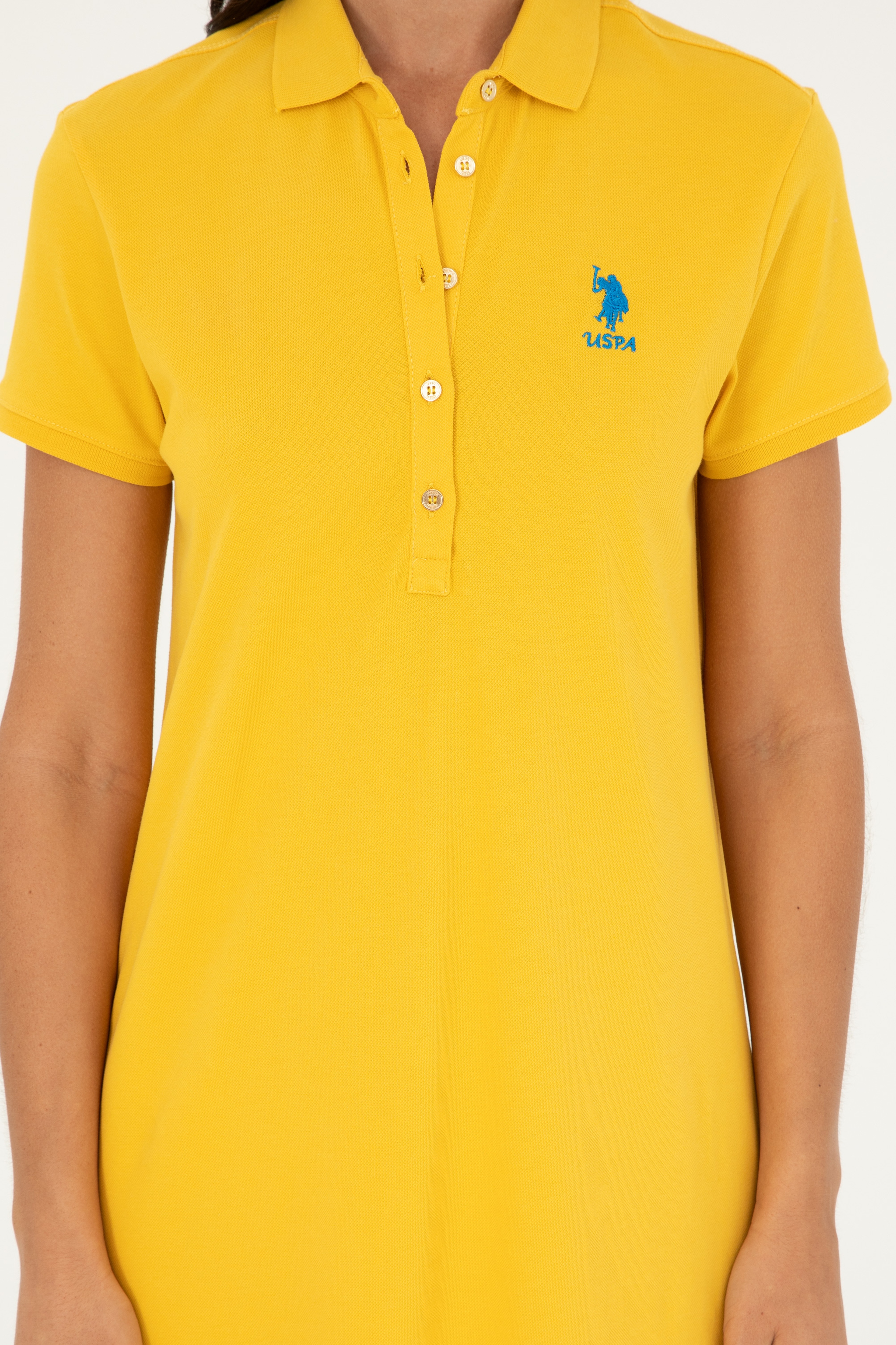Kadın Safran Polo Yaka Mini Boy Örme Elbise - Image 5