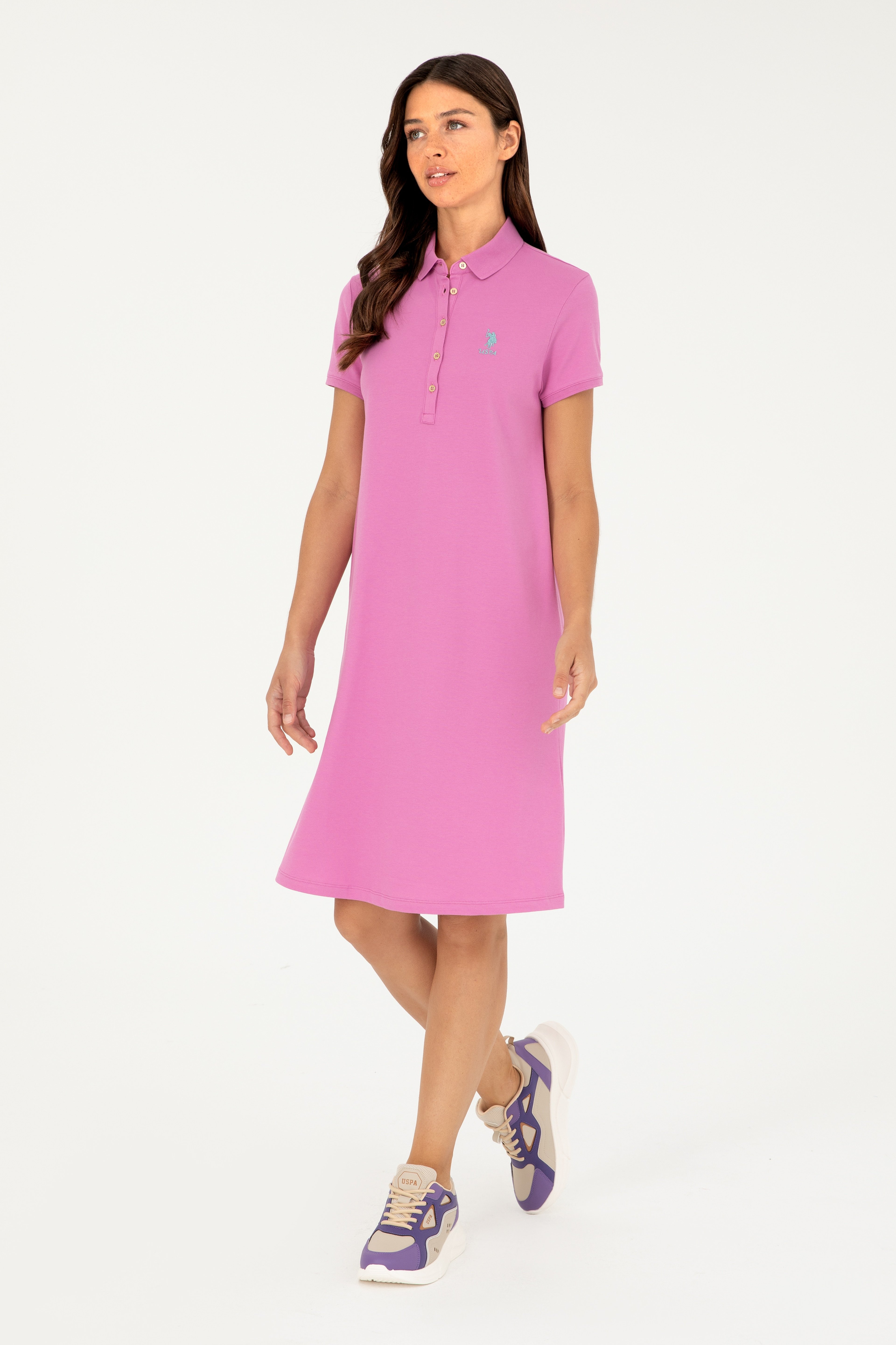 Kadın Pembe Polo Yaka Mini Boy Örme Elbise - Image 1