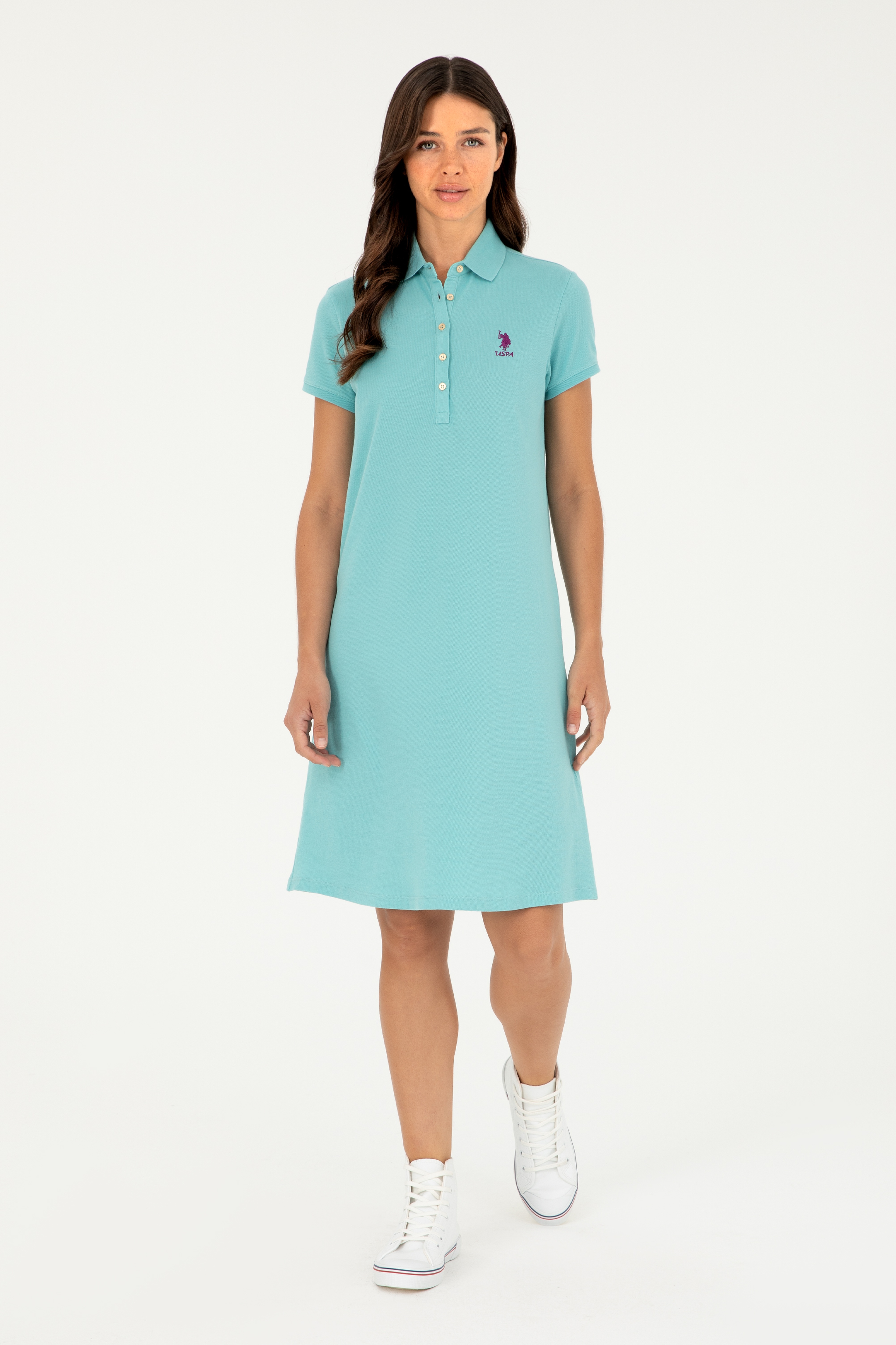 Kadın Mint Polo Yaka Mini Boy Örme Elbise - Image 1
