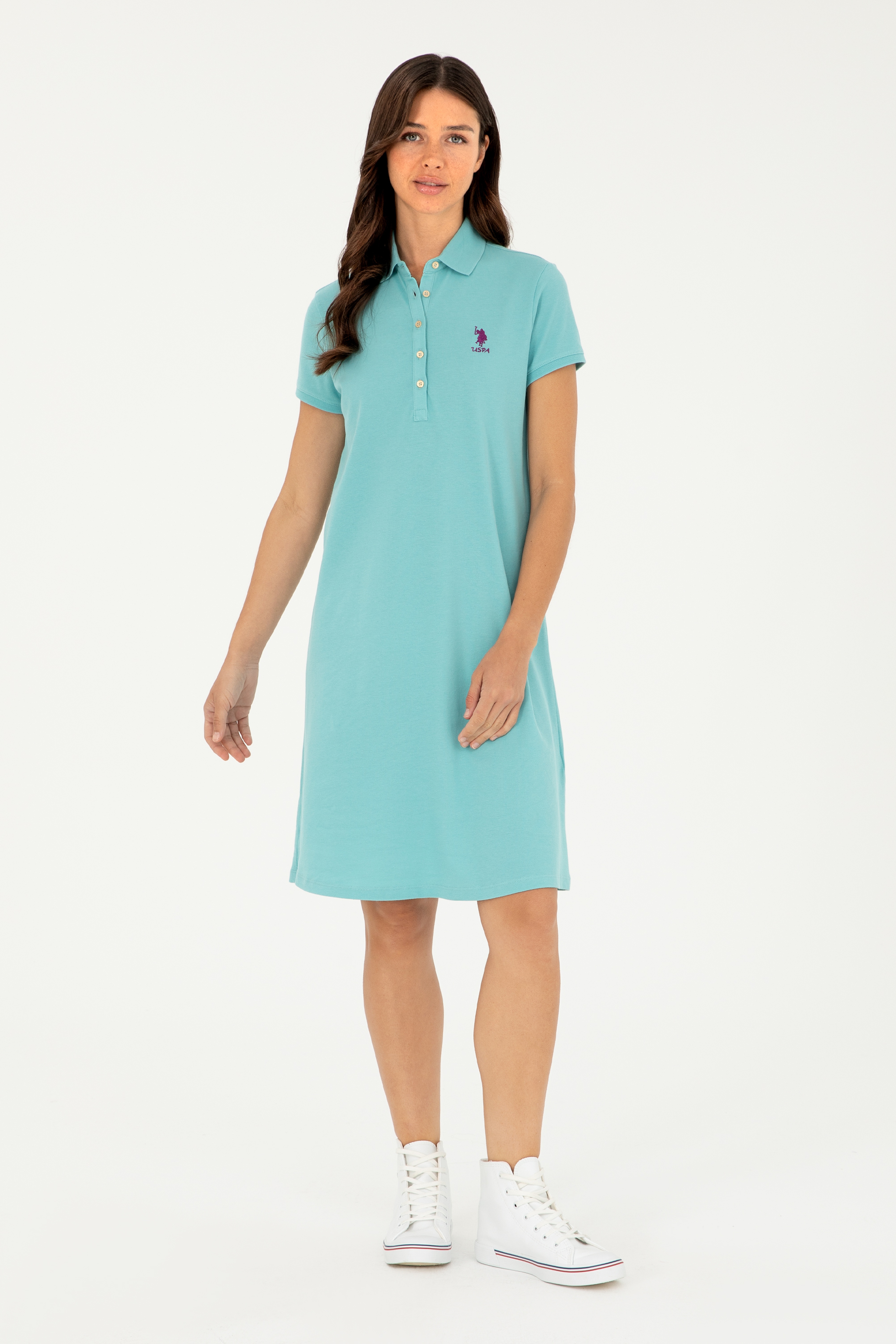 Kadın Mint Polo Yaka Mini Boy Örme Elbise - Image 3