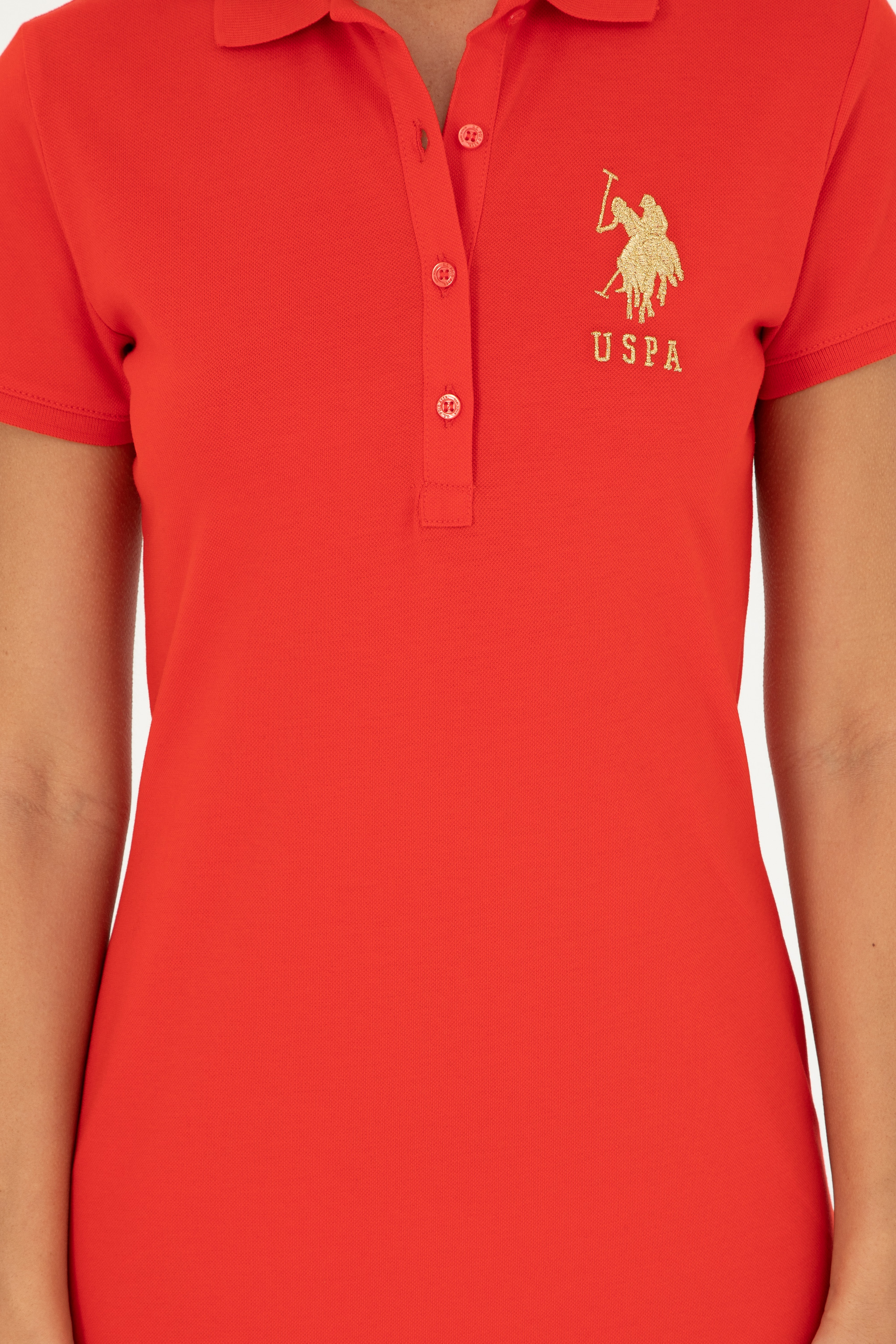Kadın Kırmızı Polo Yaka Mini Boy Örme Elbise - Image 5
