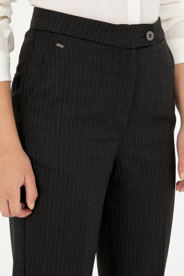 Kadın Antrasit Çizgili Slim Flare Fit Kanvas Pantolon - 50298552010