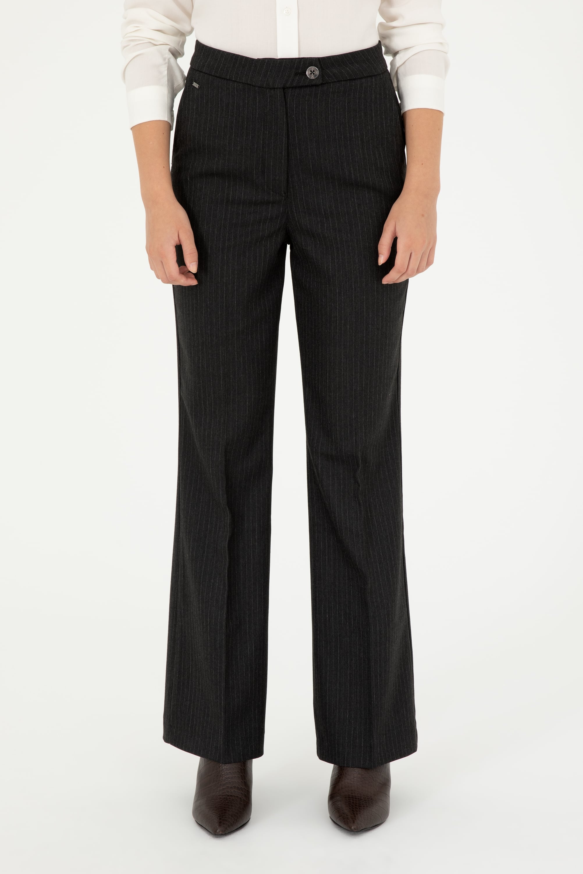 Kadın Antrasit Çizgili Slim Flare Fit Kanvas Pantolon - Image 2