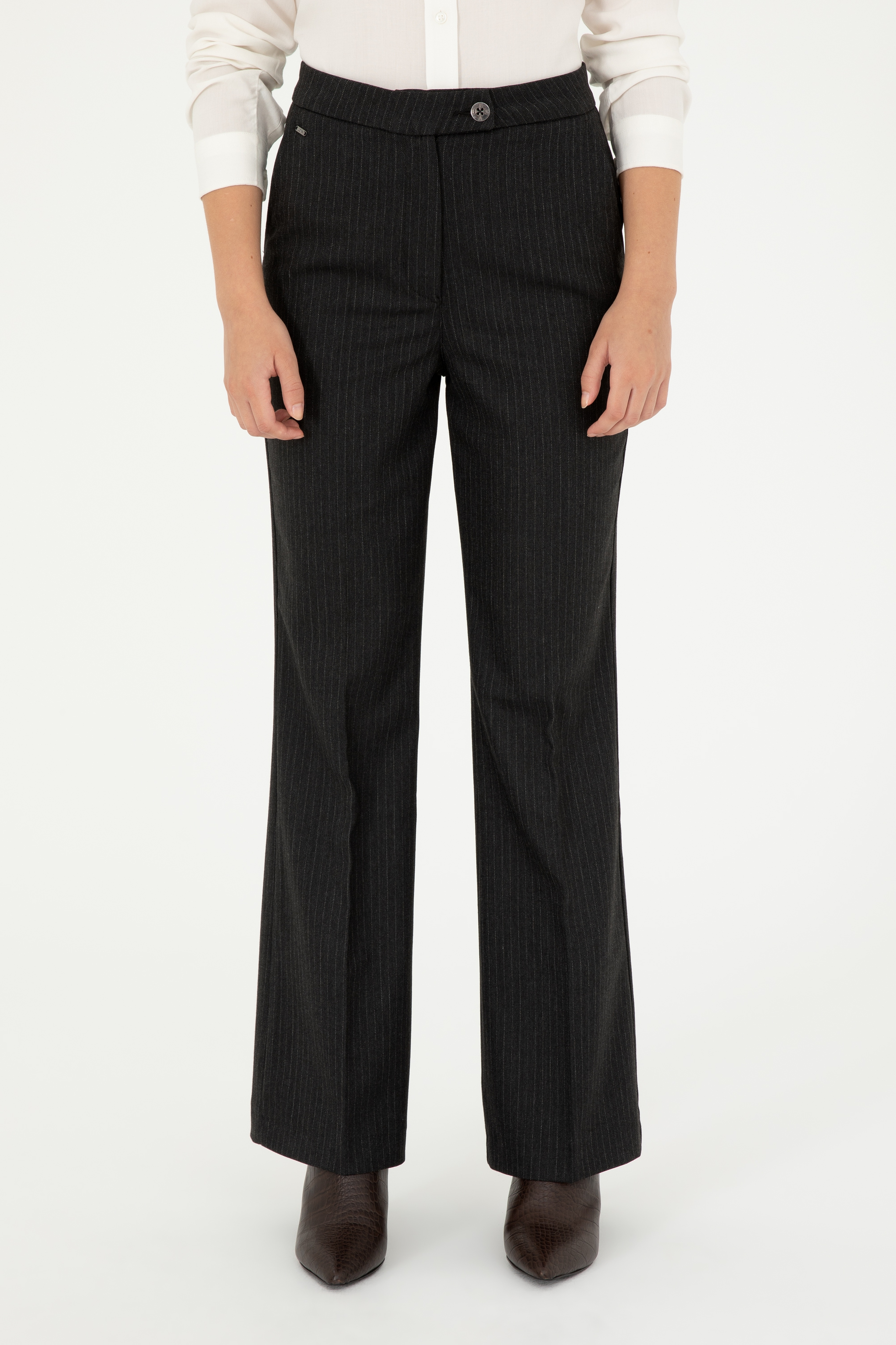 Kadın Antrasit Çizgili Slim Flare Fit Kanvas Pantolon