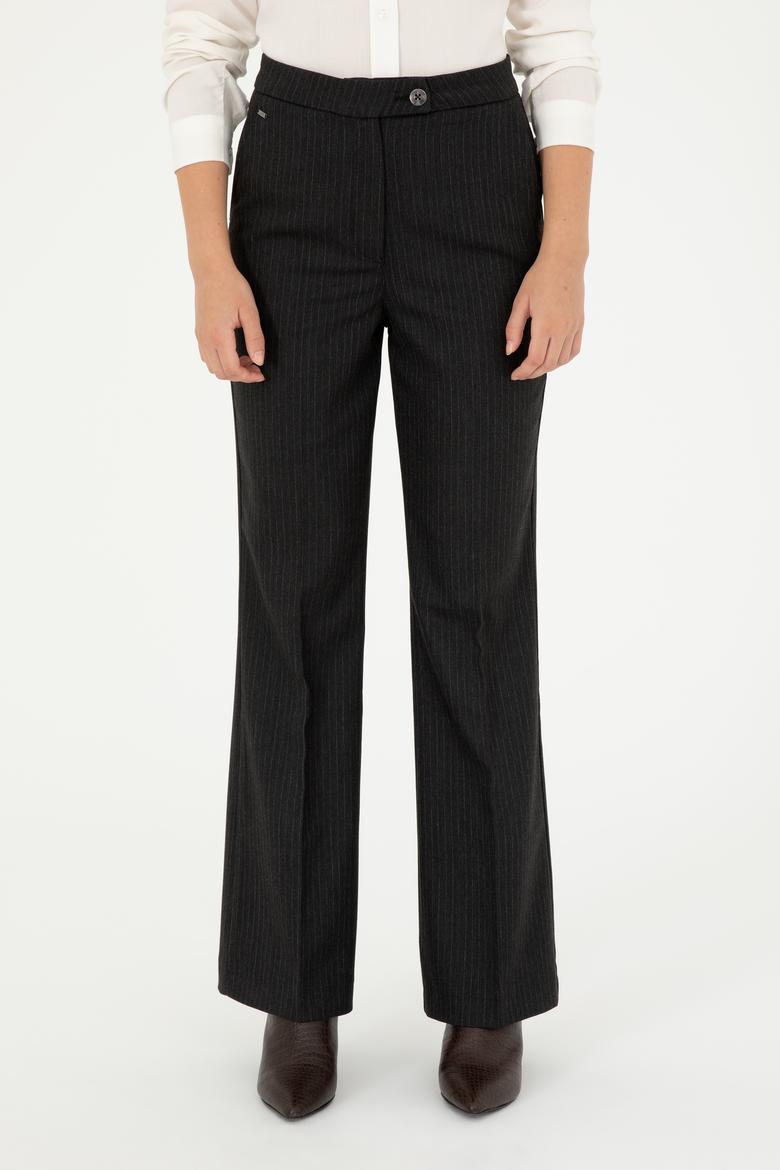 Kadın Antrasit Çizgili Slim Flare Fit Kanvas Pantolon - 50298552010