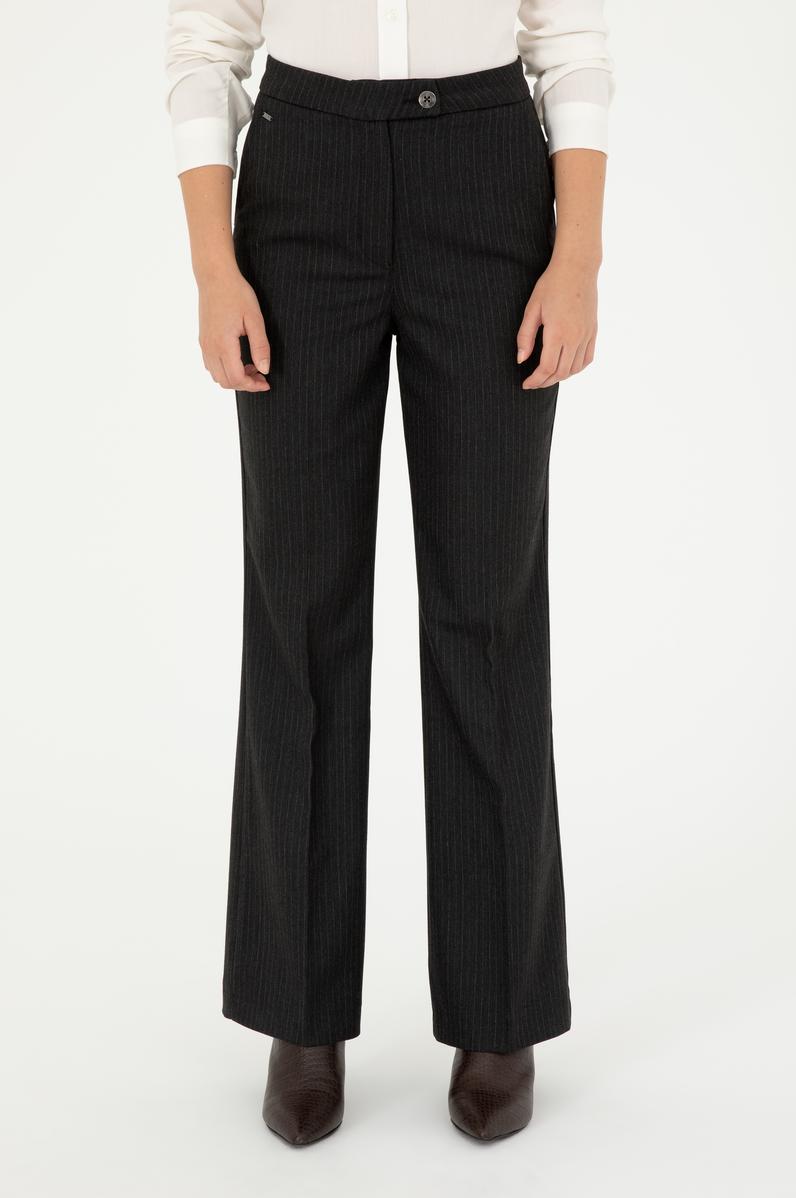 Kadın Antrasit Çizgili Slim Flare Fit Kanvas Pantolon