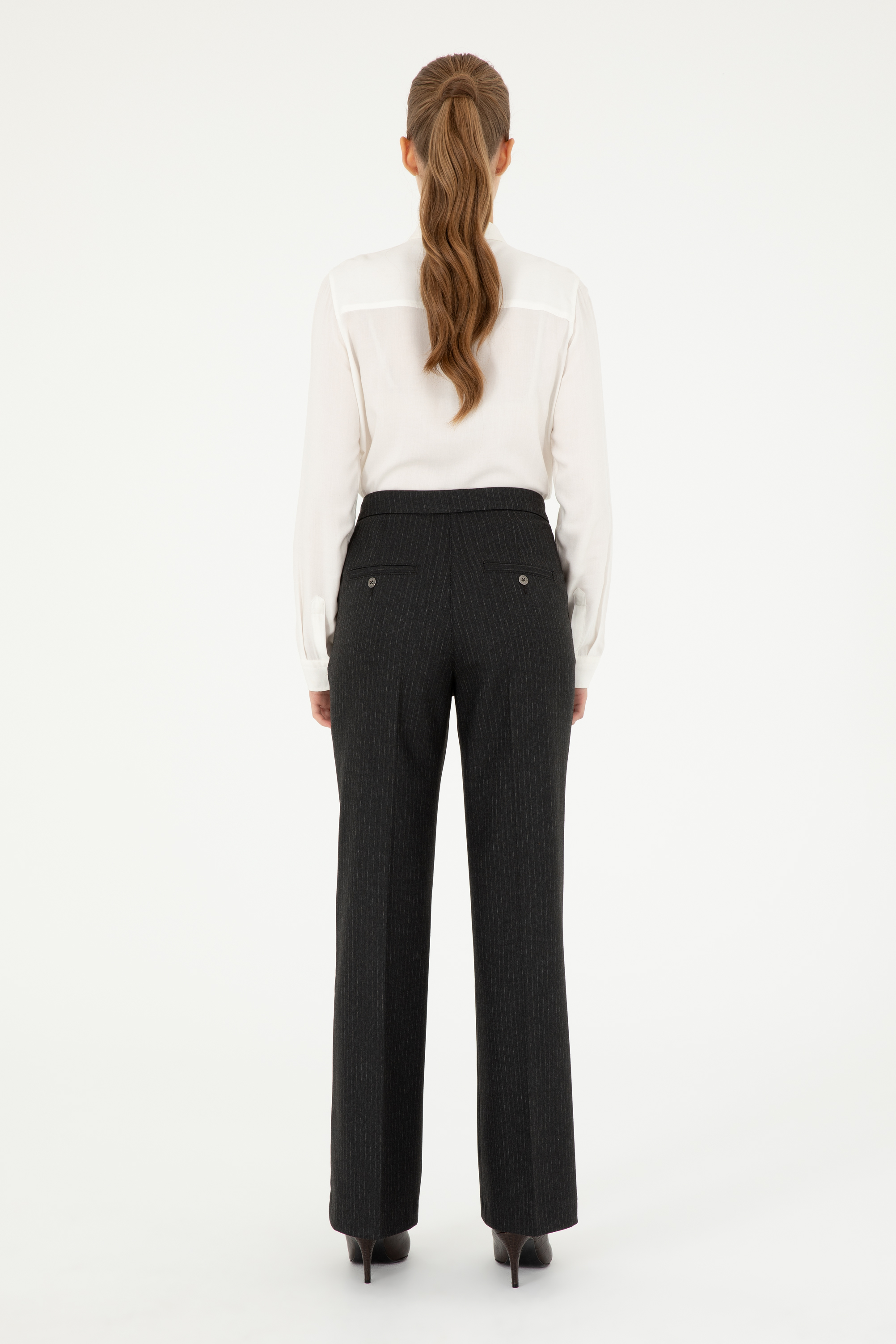 Kadın Antrasit Çizgili Slim Flare Fit Kanvas Pantolon - Image 4