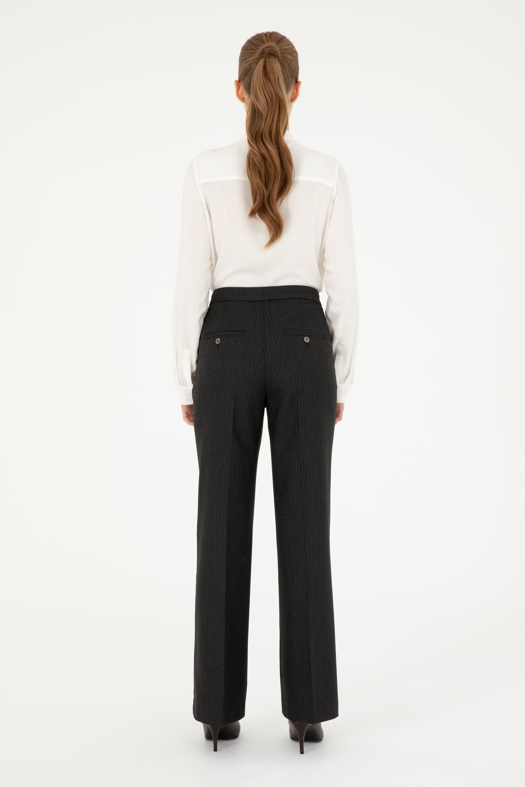 Kadın Antrasit Çizgili Slim Flare Fit Kanvas Pantolon