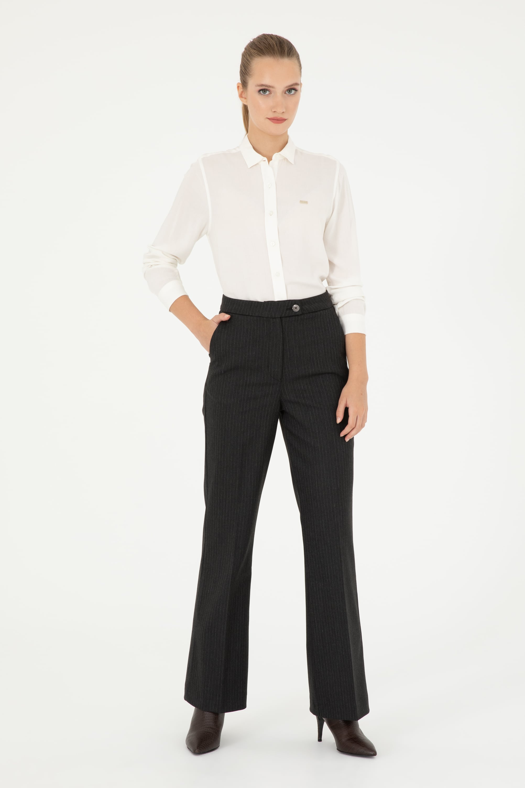Kadın Antrasit Çizgili Slim Flare Fit Kanvas Pantolon