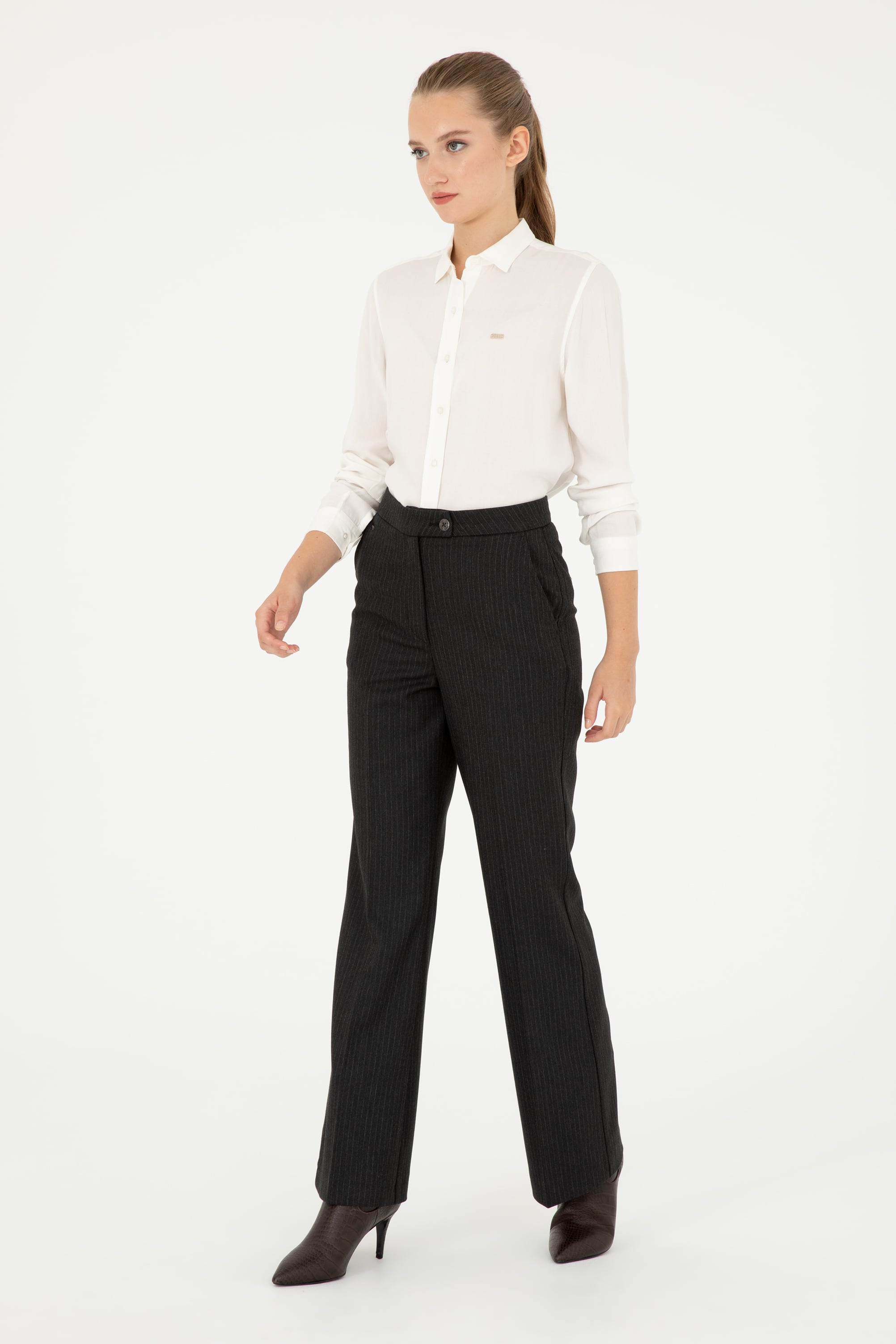 Kadın Antrasit Çizgili Slim Flare Fit Kanvas Pantolon
