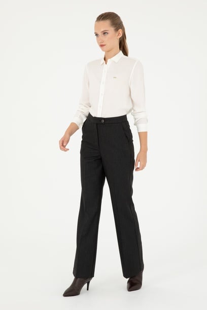 Kadın Antrasit Çizgili Slim Flare Fit Kanvas Pantolon