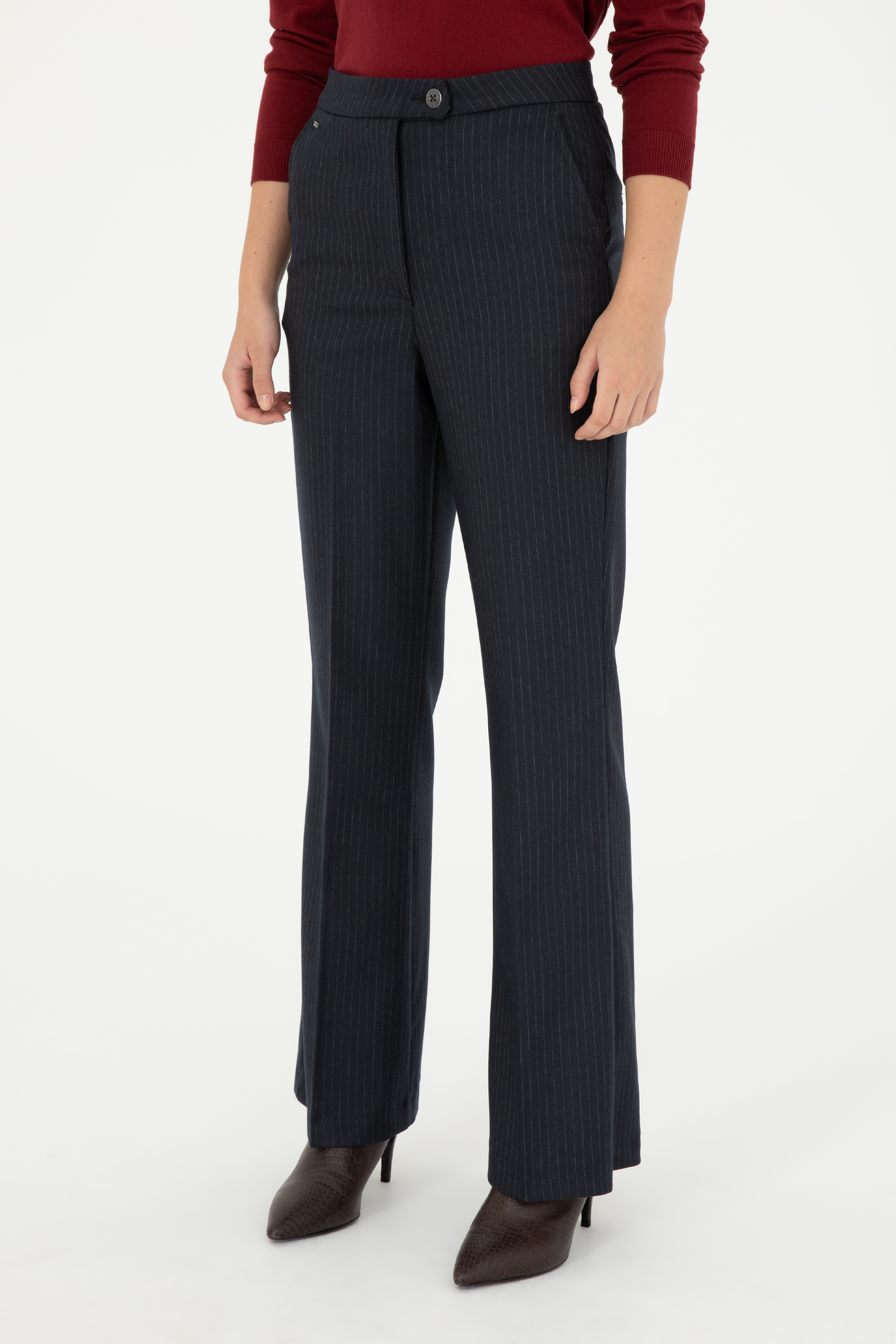 Kadın Lacivert Çizgili Slim Flare Fit Kanvas Pantolon - Image 2