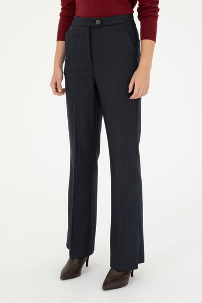 Kadın Lacivert Çizgili Slim Flare Fit Kanvas Pantolon
