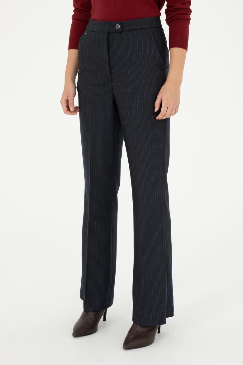 Kadın Lacivert Çizgili Slim Flare Fit Kanvas Pantolon - 50298552020