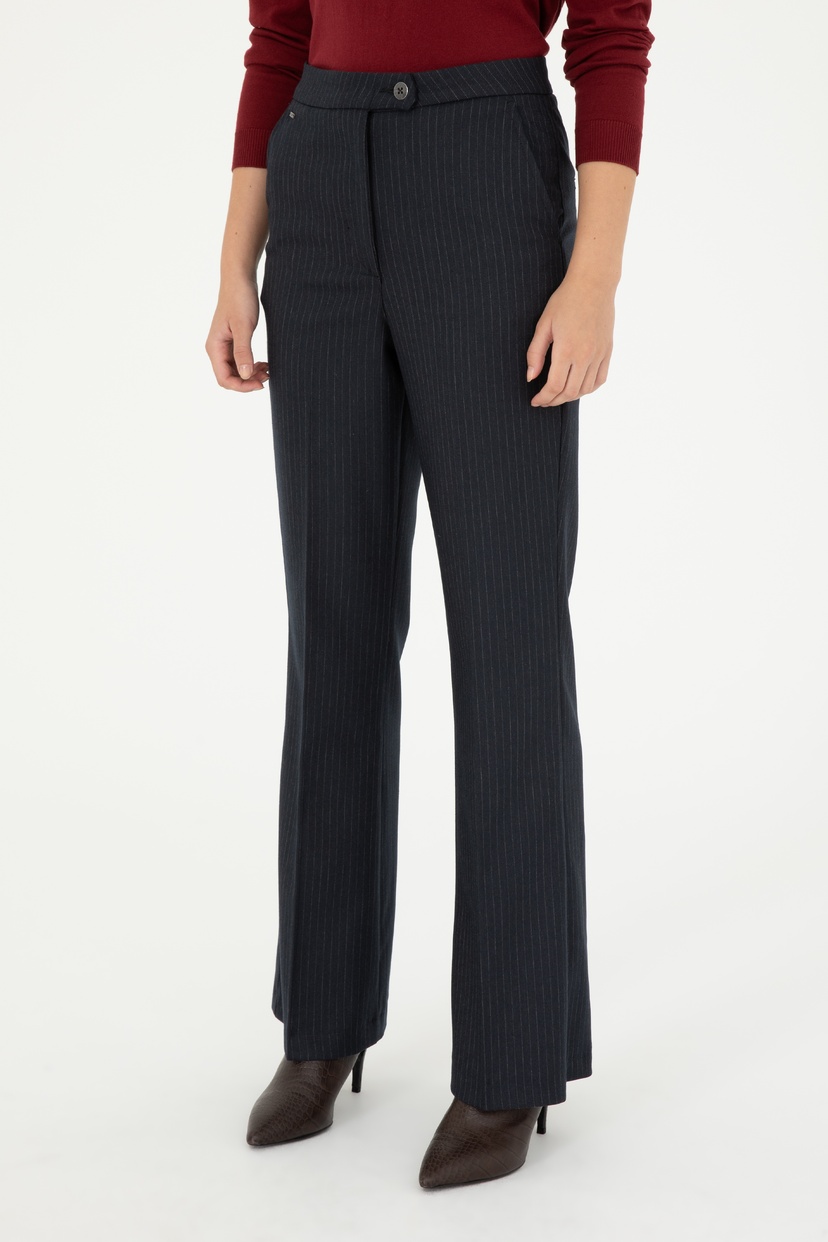 Kadın Lacivert Çizgili Slim Flare Fit Kanvas Pantolon