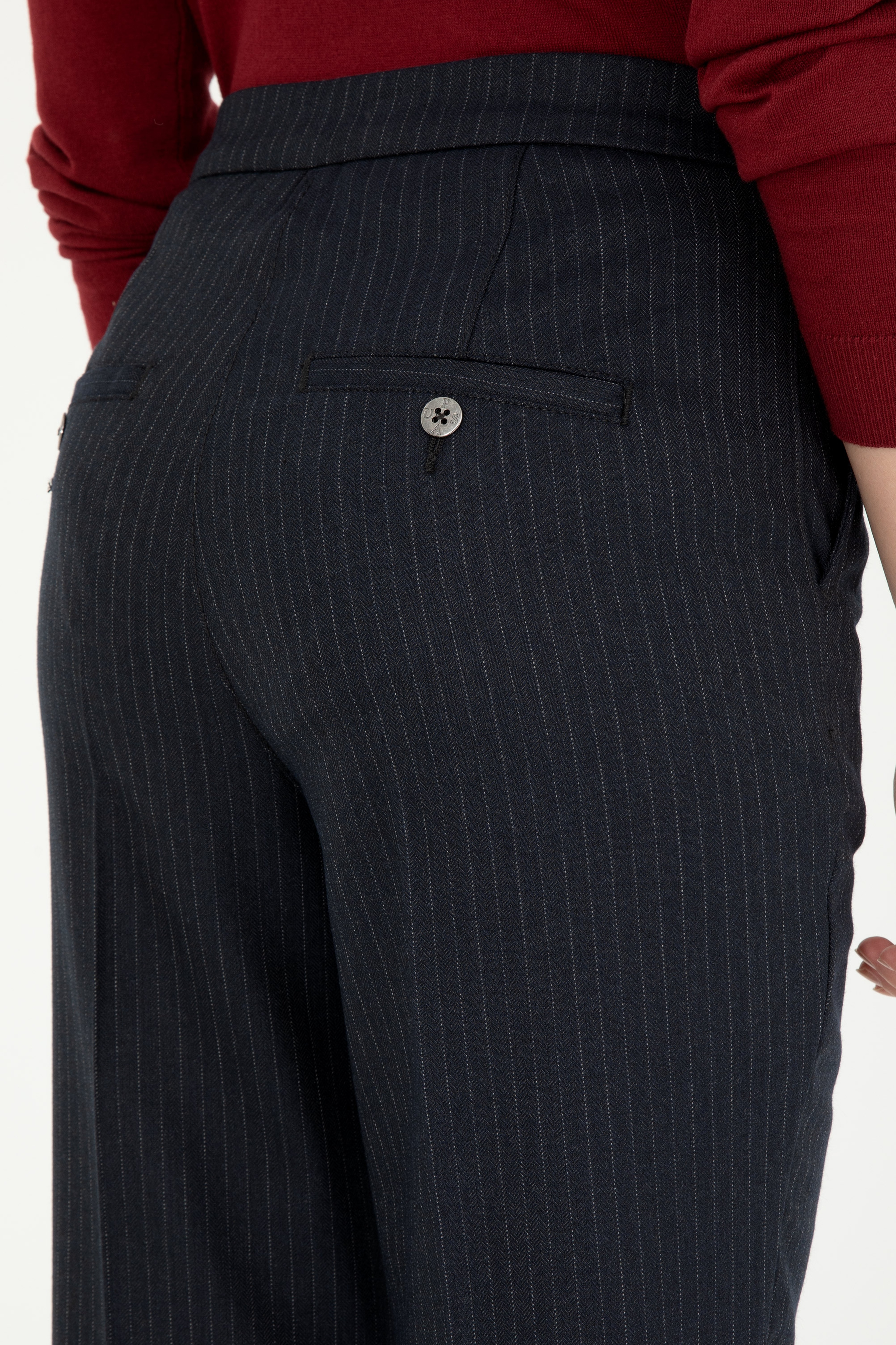 Kadın Lacivert Çizgili Slim Flare Fit Kanvas Pantolon - Image 6