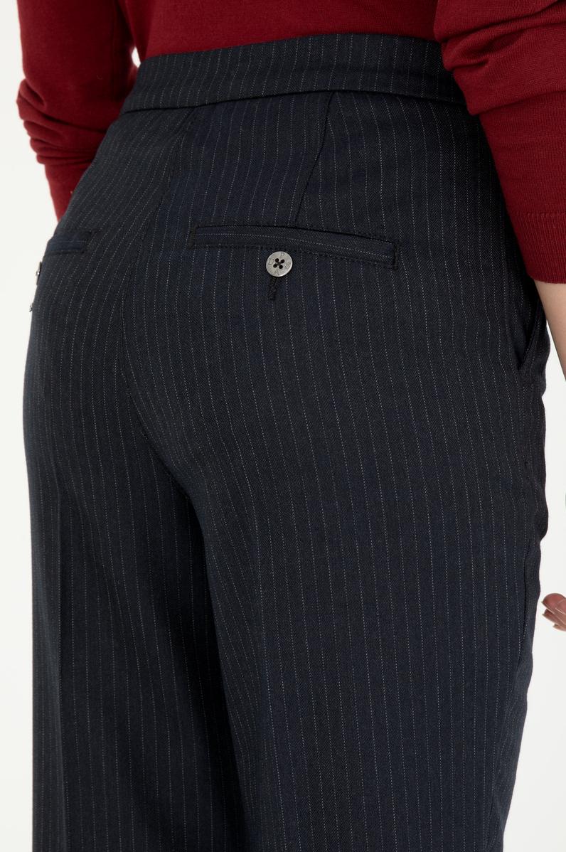 Kadın Lacivert Çizgili Slim Flare Fit Kanvas Pantolon