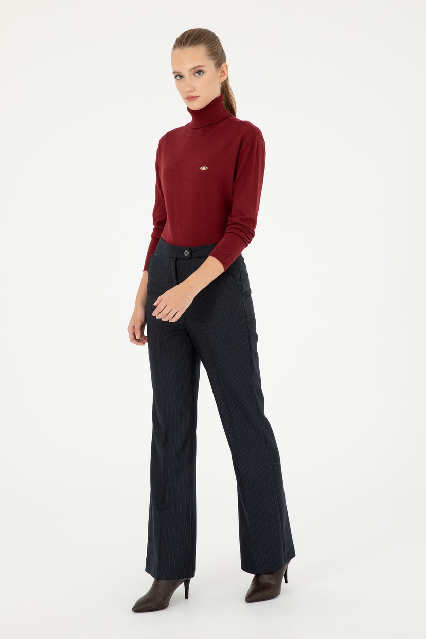 Kadın Lacivert Çizgili Slim Flare Fit Kanvas Pantolon