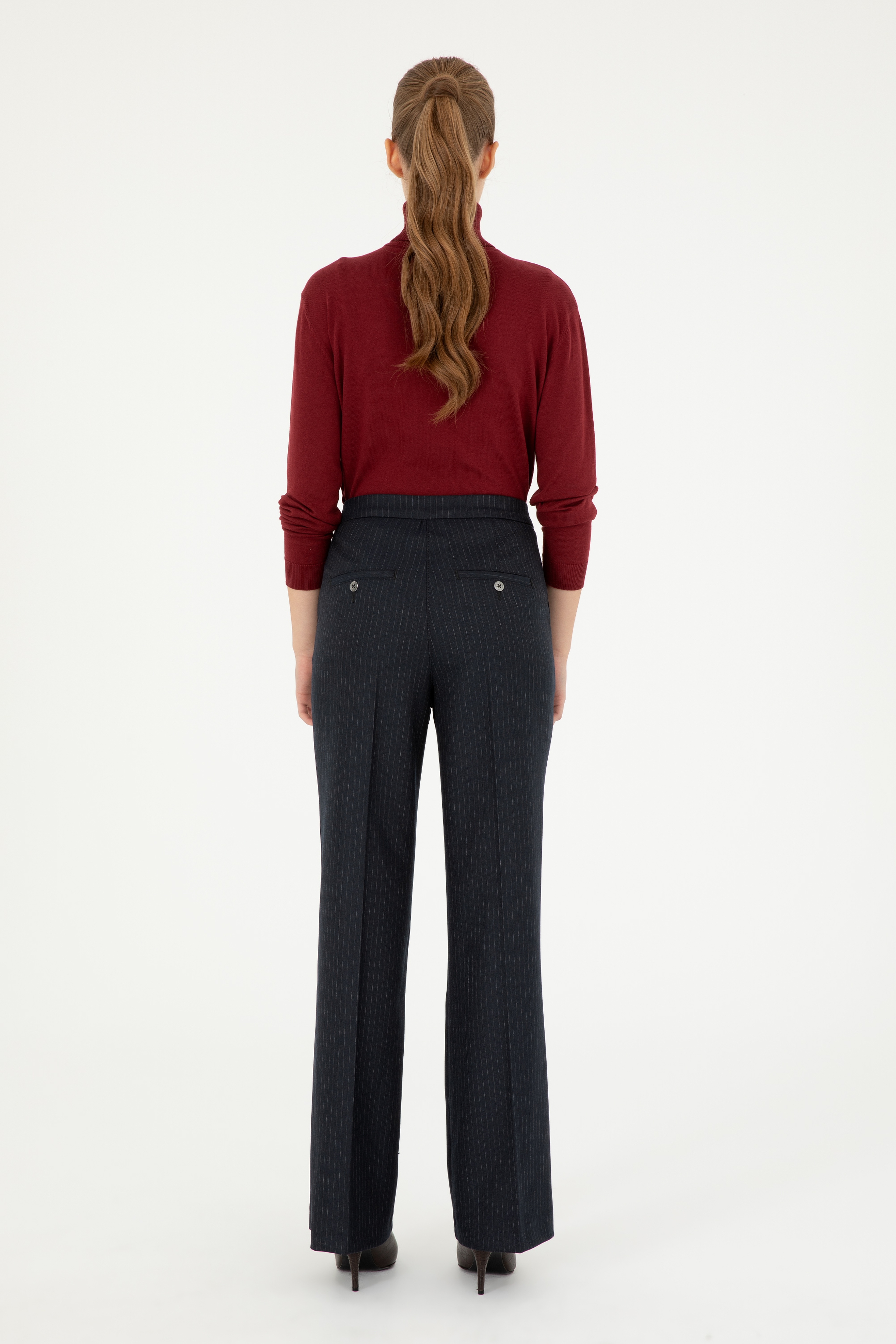 Kadın Lacivert Çizgili Slim Flare Fit Kanvas Pantolon - Image 4