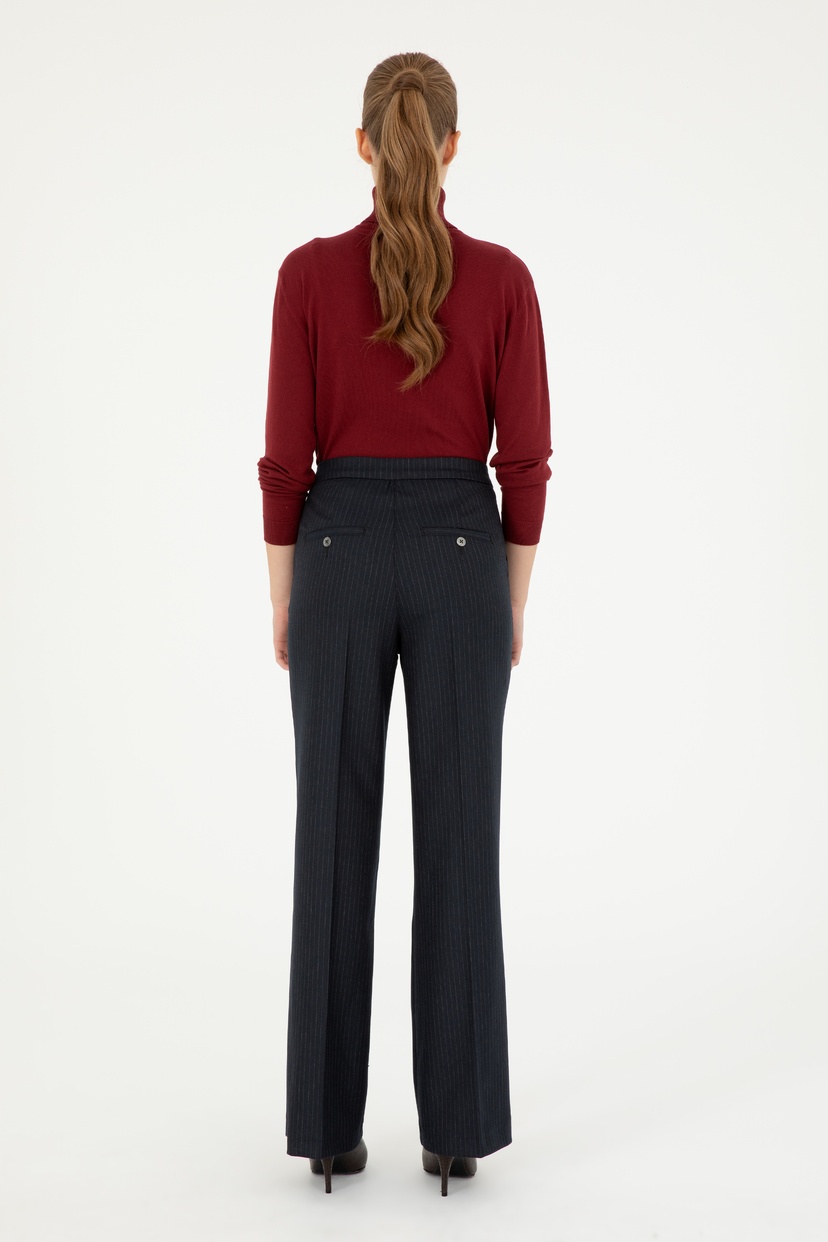Kadın Lacivert Çizgili Slim Flare Fit Kanvas Pantolon