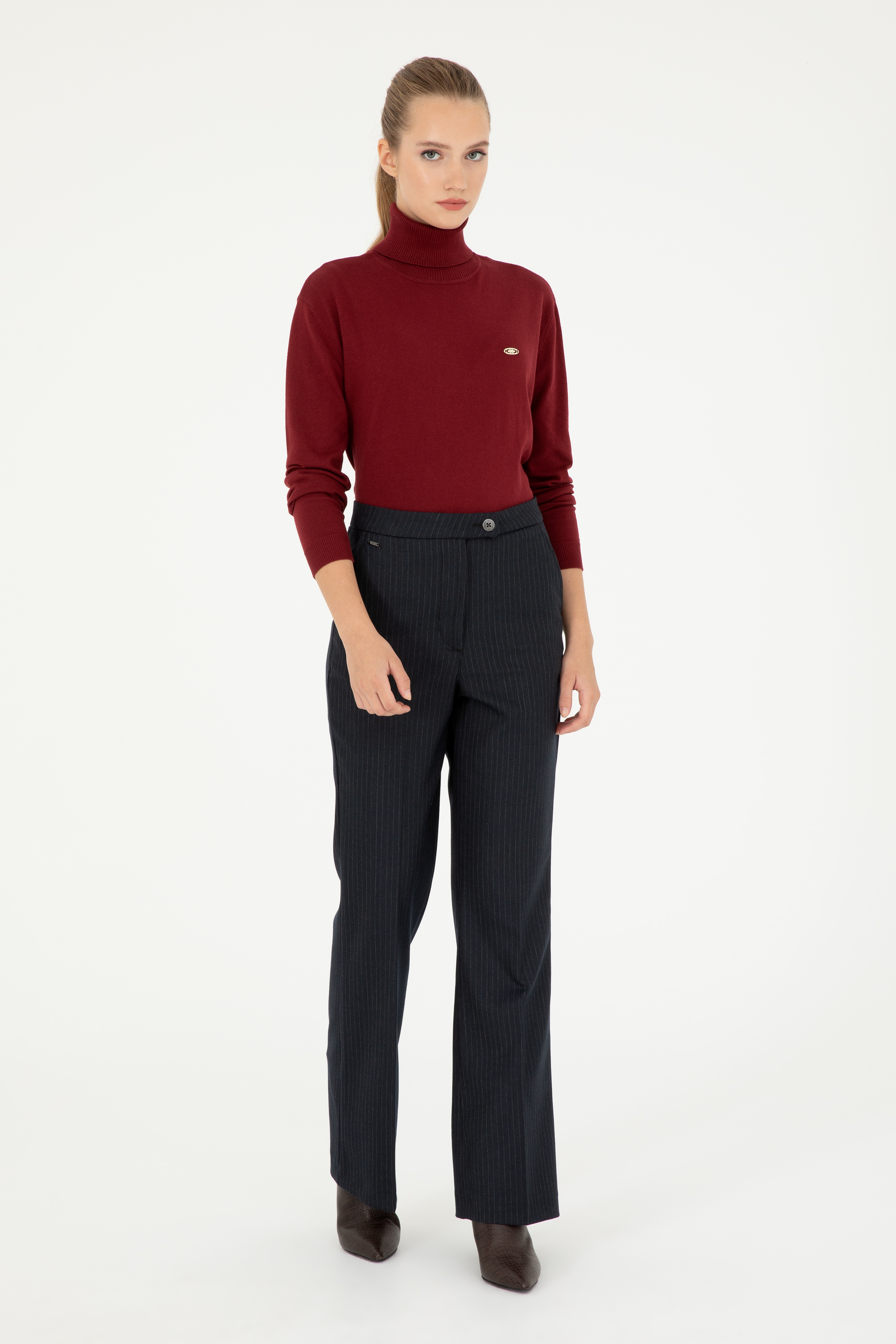 Kadın Lacivert Çizgili Slim Flare Fit Kanvas Pantolon - Image 1