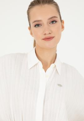 Kadın Ekru Kısa Kollu Çizgili Gömlek - 50283638003
