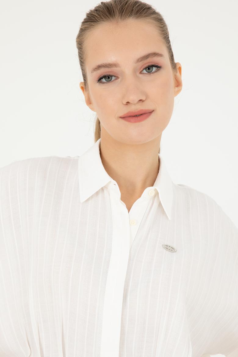 Kadın Ekru Kısa Kollu Çizgili Gömlek - 50283638003