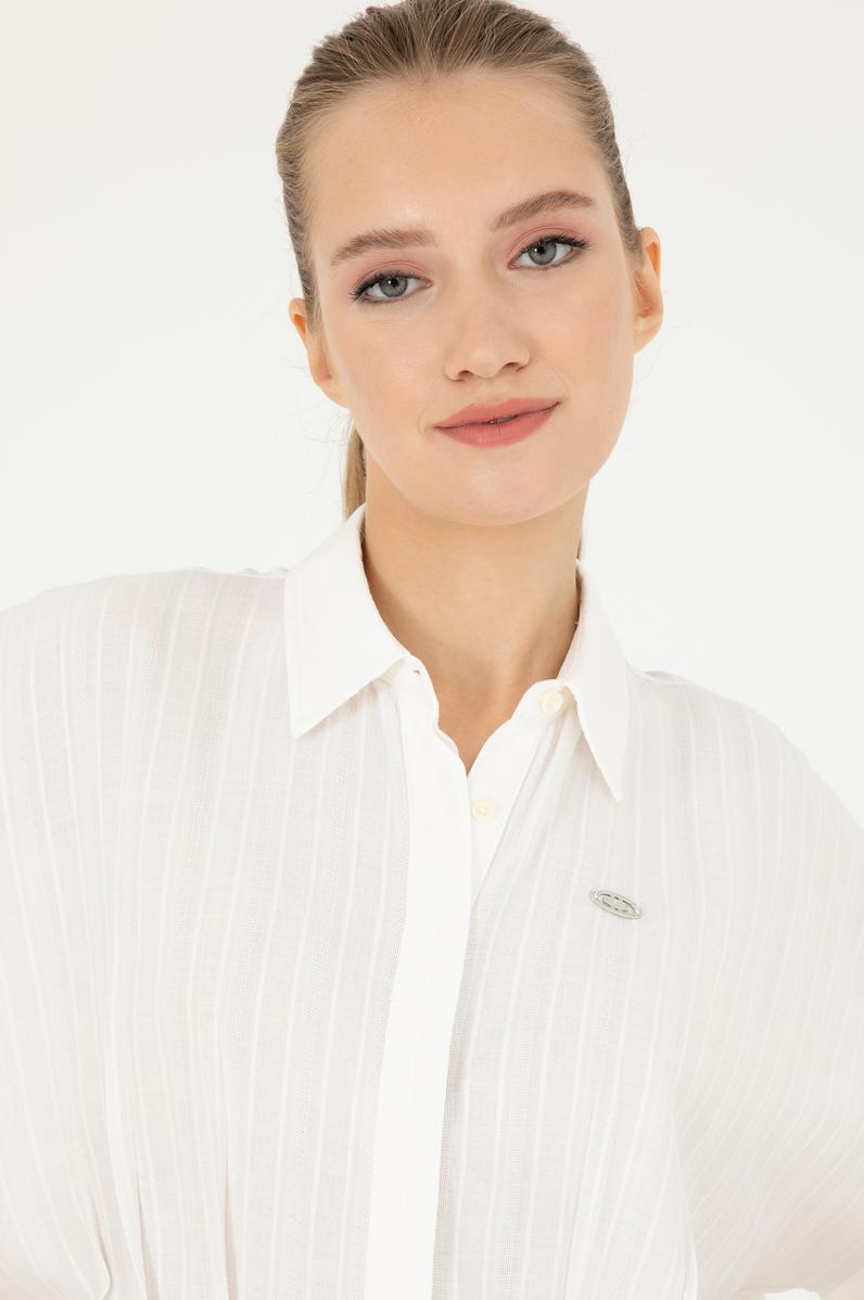 Kadın Ekru Kısa Kollu Çizgili Gömlek