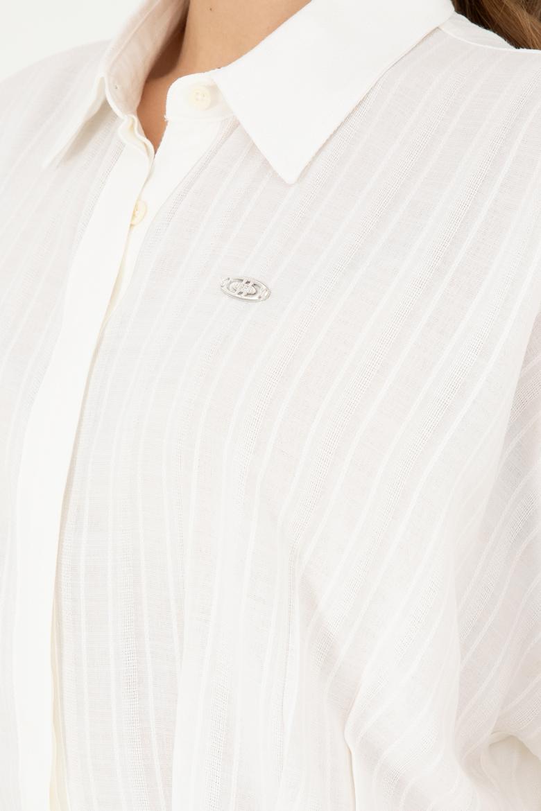 Kadın Ekru Kısa Kollu Çizgili Gömlek - 50283638003