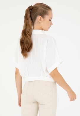 Kadın Ekru Kısa Kollu Çizgili Gömlek - 50283638003