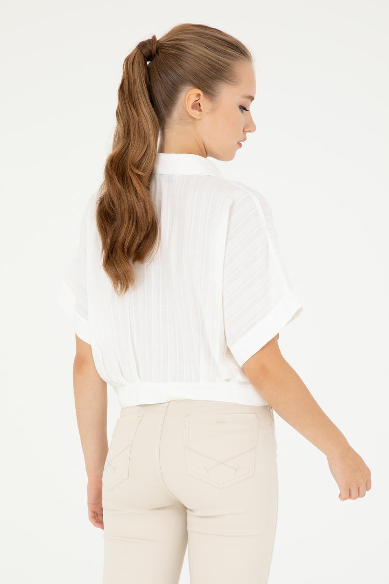 Kadın Ekru Kısa Kollu Çizgili Gömlek - 50283638003