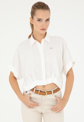 Kadın Ekru Kısa Kollu Çizgili Gömlek - 50283638003