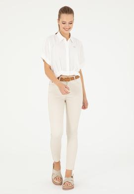 Kadın Ekru Kısa Kollu Çizgili Gömlek - 50283638003