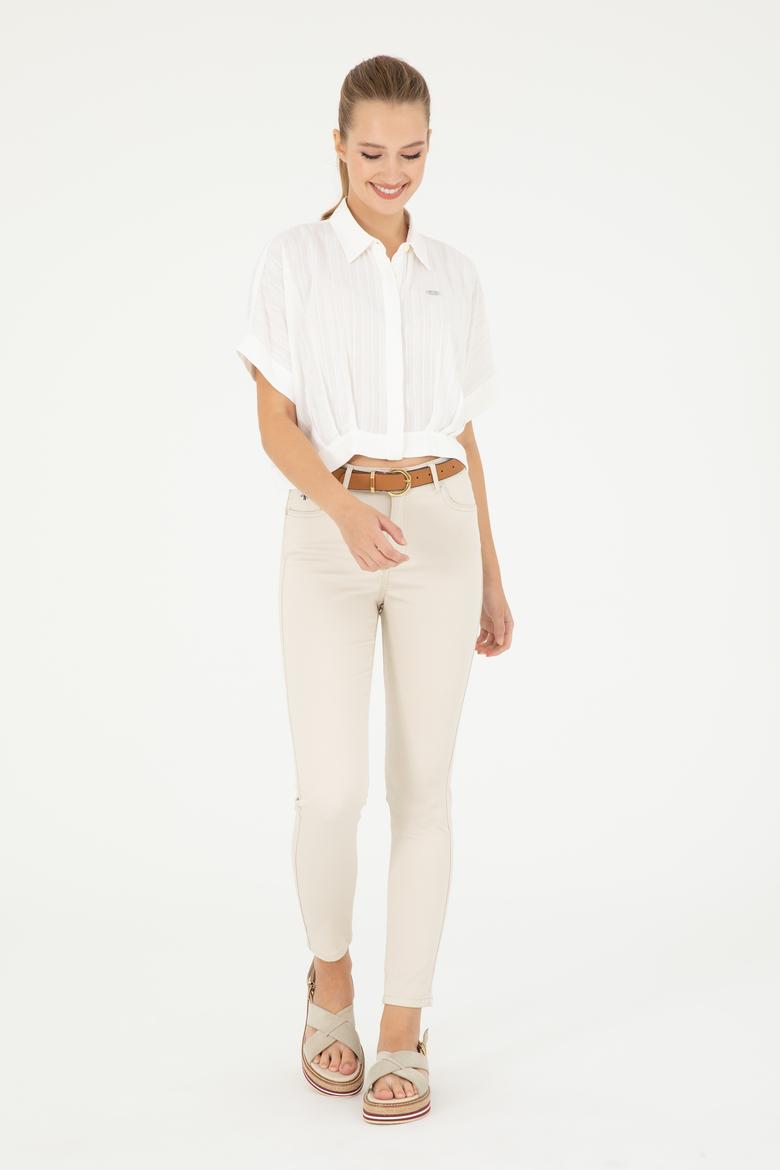 Kadın Ekru Kısa Kollu Çizgili Gömlek - 50283638003