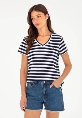 Kadın Lacivert Çizgili V Yaka Tişört - 50296151011