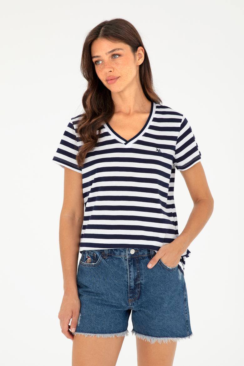 Kadın Lacivert Çizgili V Yaka Tişört