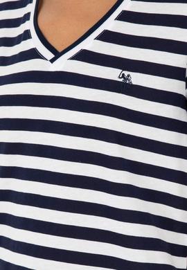 Kadın Lacivert Çizgili V Yaka Tişört - 50296151011