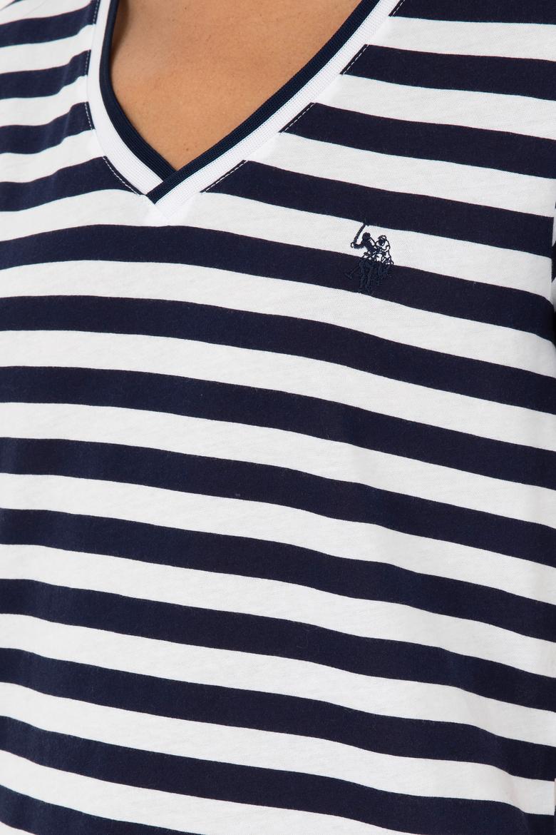 Kadın Lacivert Çizgili V Yaka Tişört - 50296151011