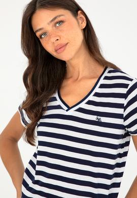Kadın Lacivert Çizgili V Yaka Tişört - 50296151011