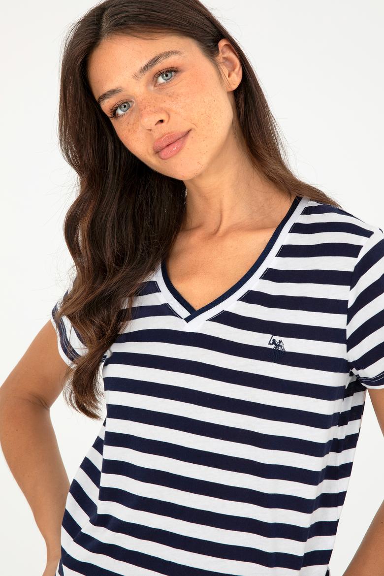 Kadın Lacivert Çizgili V Yaka Tişört - 50296151011