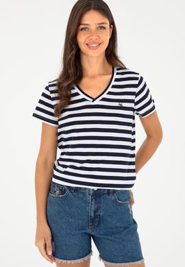 Kadın Lacivert Çizgili V Yaka Tişört - 50296151011