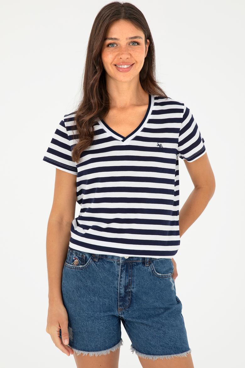 Kadın Lacivert Çizgili V Yaka Tişört - 50296151011