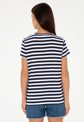 Kadın Lacivert Çizgili V Yaka Tişört - 50296151011