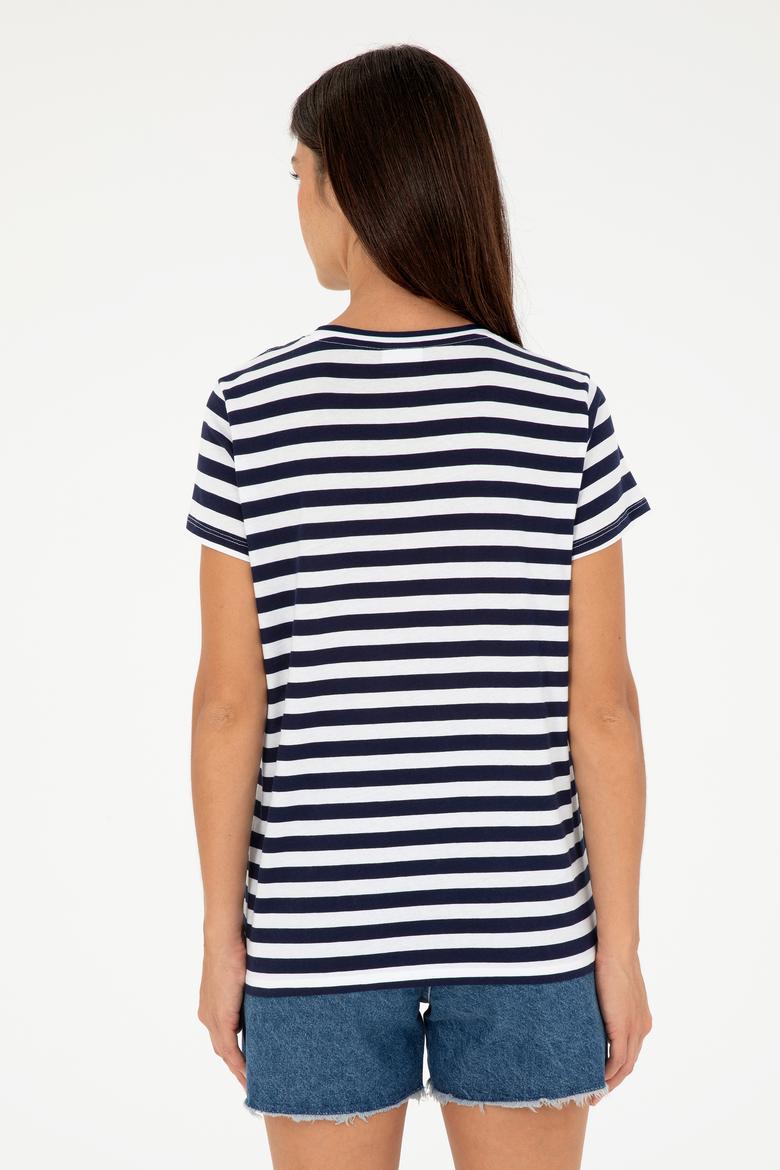 Kadın Lacivert Çizgili V Yaka Tişört - 50296151011