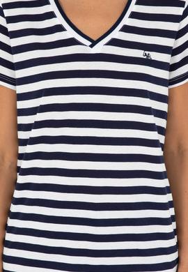 Kadın Lacivert Çizgili V Yaka Tişört - 50296151011