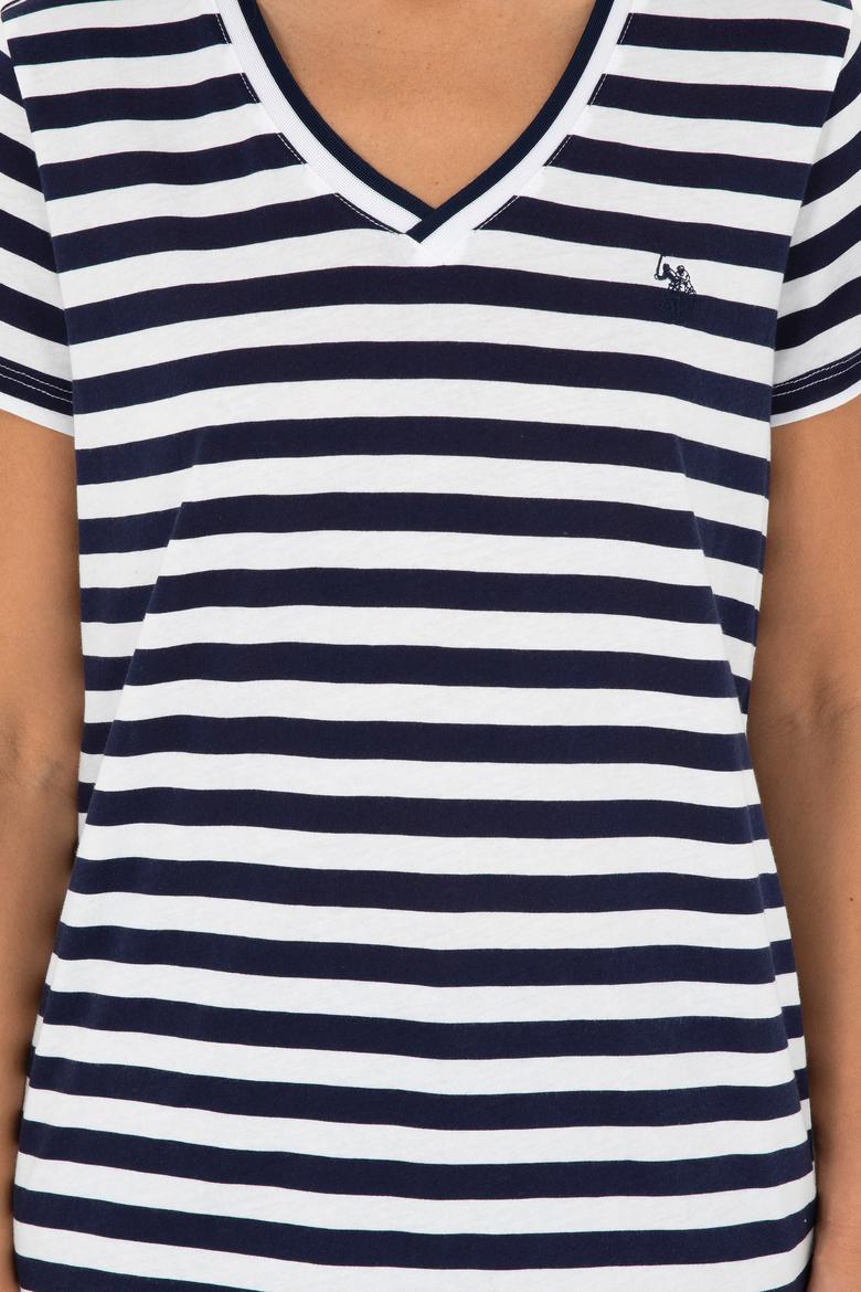 Kadın Lacivert Çizgili V Yaka Tişört - 50296151011