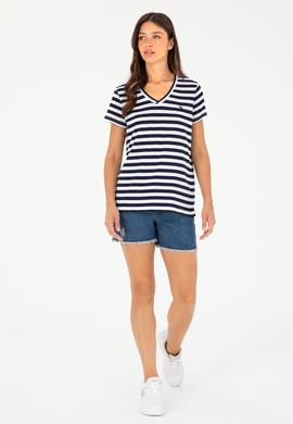 Kadın Lacivert Çizgili V Yaka Tişört - 50296151011