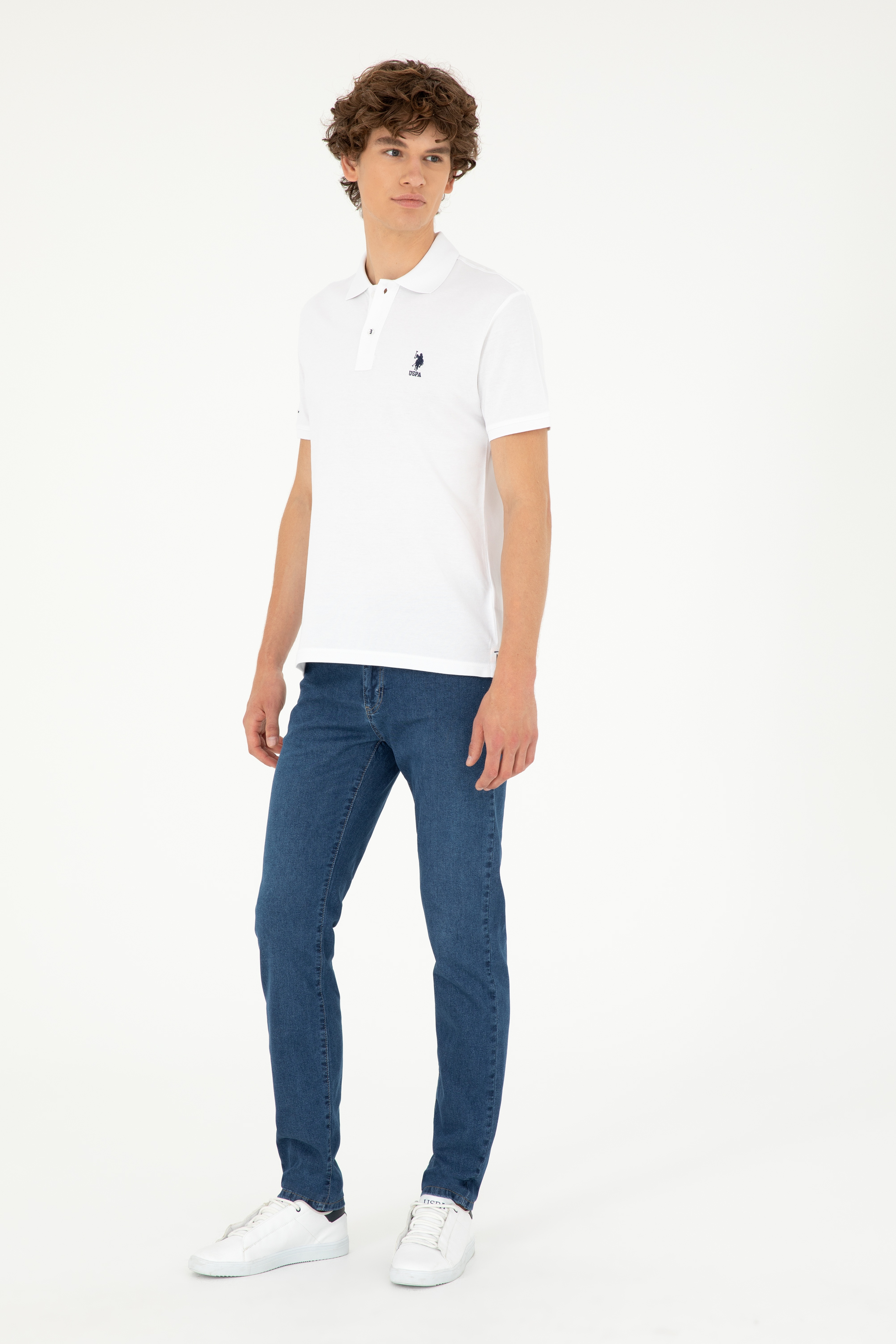 Erkek Slim Fit Polo Yaka Beyaz Basic Tişört - Image 4